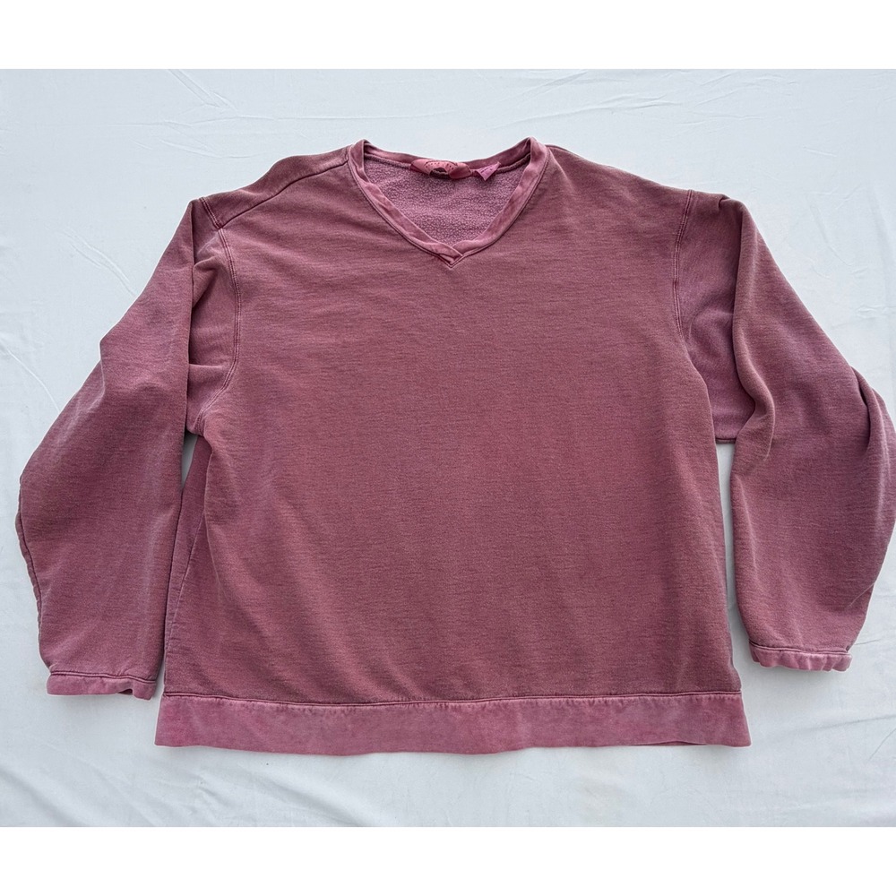 Eddie Bauer V-Neck Vintage Sweatshirt Mens Large Pink Sun Faded Fleece